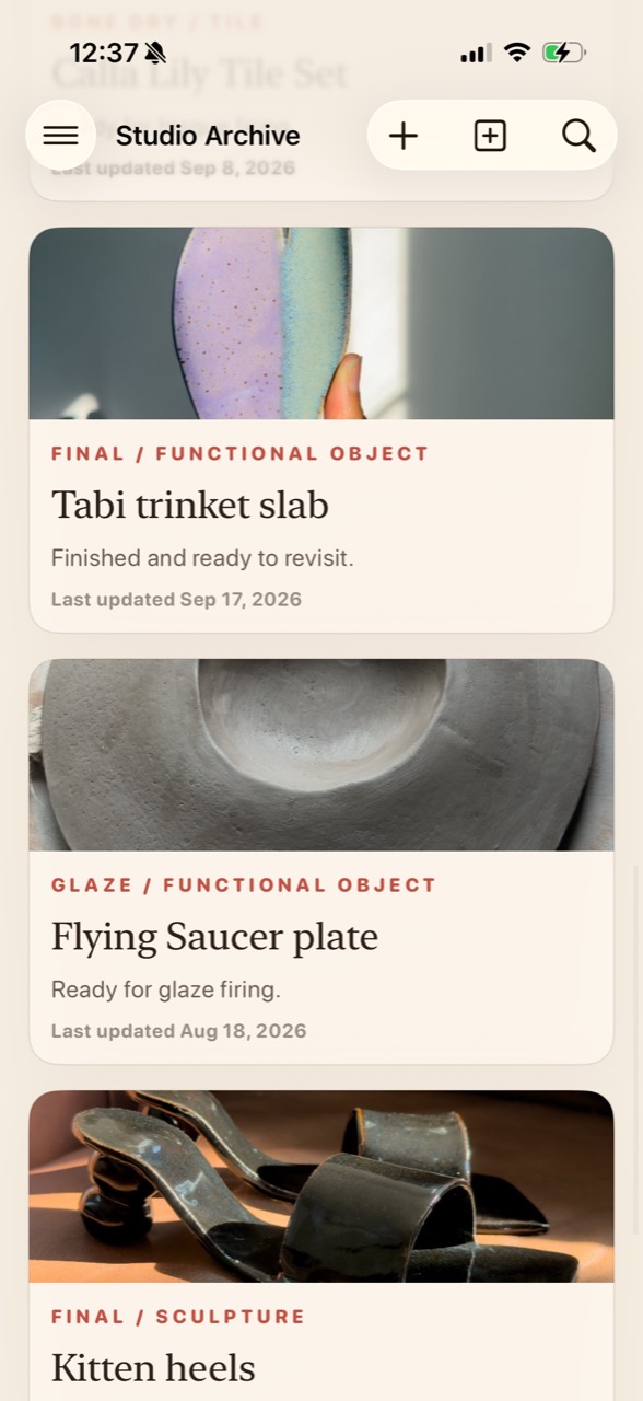 Studio Archive list showing Tabi trinket slab, Flying Saucer plate, and Kitten heels.