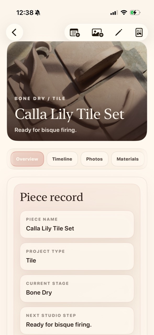 Calla Lily Tile Set piece record with process image, tabs, and piece details.